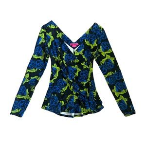Betsey Johnson 2000s Blue Rose Cotton/Spandex Peplum Top size L